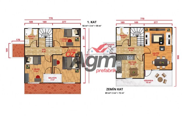 AGM 205 131M2 Dubleks Prefabrik Ev